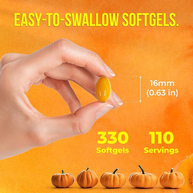 FreshDrinkUS, 330 Premium Pumpkin Seed Oil Softgels with Saw Palmetto, 3000mg Per Serving, Cold Pressed, Pure Virgin Oil, Great Hair Support, Non-GMO, Gluten-Free, Vegan