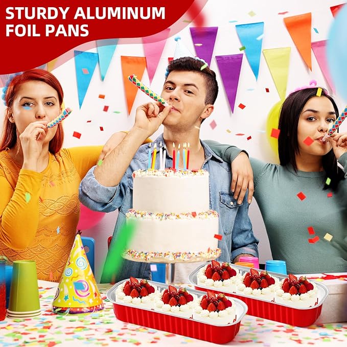 Mini Loaf Pans with Lids and Spoons Sealing Sticker,60 Pcs 6.8oz Cake Pans for Baking Disposable Aluminum Foil Red cake pan (60 PCS RED)