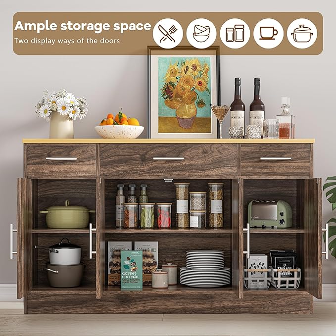 Vongrasig 53' Large Sideboard Cabinet with 4 Doors and 3 Drawers, Farmhouse Buffet Table Coffee Bar Kitchen Storage Cabinet, Wood Cabinet for Kitchen, Dining Room, Rustic Brown