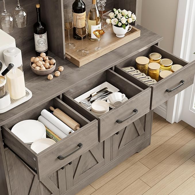 HOSTACK Buffet Cabinet with Hutch, Modern Farmhouse Kitchen Buffet Sideboard Storage with 3 Drawers, Barn Door Coffee Bar Station, Liquor Cabinet for Dining Room, Living Room, Ash Grey