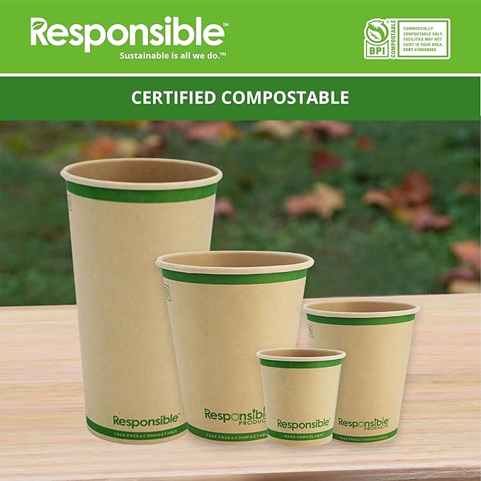 20 oz Paper Hot Cups, Tree-Less™ Compostable Paper Coffee Cups, Extra Strength, Tree-Free and Made Without PFAS, Natural Brown (1000 Count)