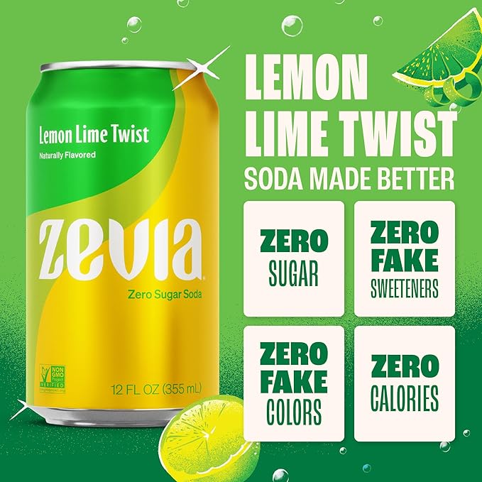 Zevia Zero Sugar Soda, Lemon Lime Twist, 12 oz Cans (24-Pack) – Naturally Sweetened, Non-GMO Project Verified, Gluten-Free, Vegan