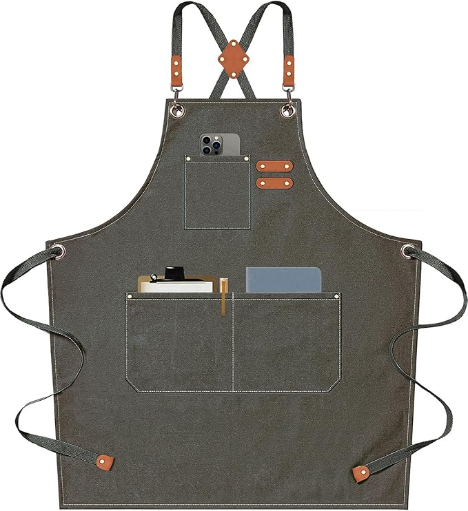 AFUN Chef Aprons for Men Women with Large Pockets, Cotton Canvas Cross Back Heavy Duty Adjustable Work Apron, Size M to XXL (Greygreen)