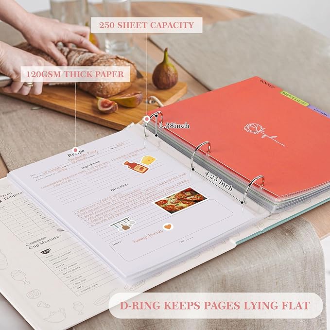 Lanpn Recipe Binder 8.5x11 3 Ring Kit, Blank Organizer Recipe Binder Waterproof Cookbook to Write in Your Own Recipes with 60 Plastic Sleeves,116 Recipes, Dividers,Labels & Stickers, Green