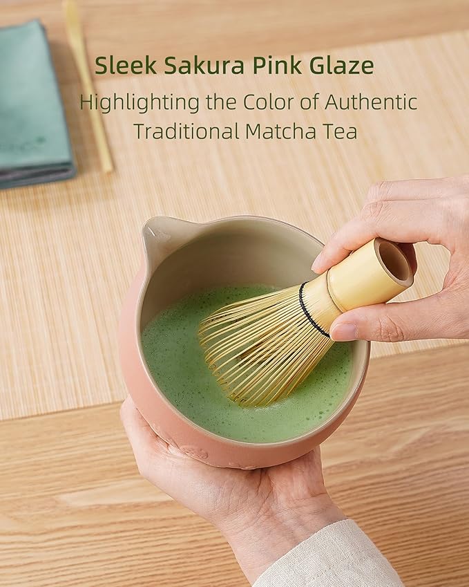 ZENS Matcha Whisk Set, Pink Ceramic Matcha Bowl with Embossed Sakura, 6pcs Matcha Tea Kit Includes Bamboo Whisk, (Chasen Holder) Scoop & Sifter, Tea Towel for Matcha Ceremony, Pink