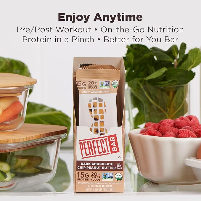 Perfect Bar, Dark Chocolate Chip Peanut Butter Protein Bar, High Protein, Organic, Gluten Free, Soy Free, Non GMO, No Sugar Alcohols, 2.3 Ounce Bar, 10 Count (Pack of 2)