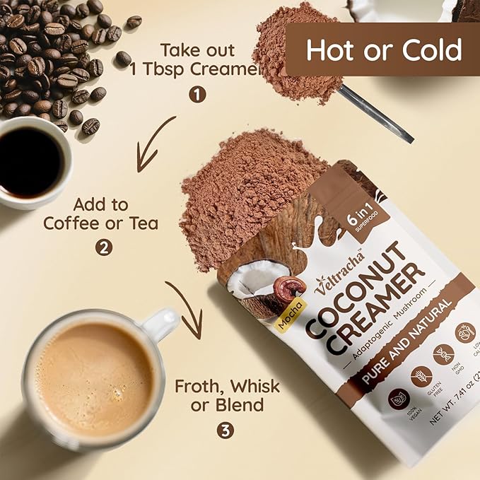 Veltracha Mushroom Coffee Creamer, Superfood Coconut Creamer Powder with 6 Adaptogenic Mushrooms - Reishi, Turkey Tail, Lions Mane, Non-Dairy Coconut Powdered Creamer for Energy & Focus & Digestion, 30 Servings, Mocha