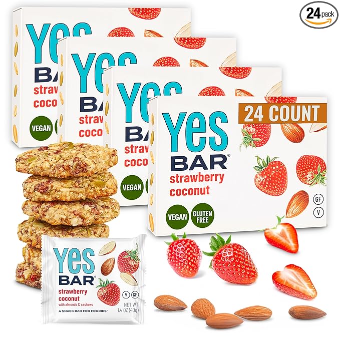 The YES Bar – Strawberry Coconut – Plant Based Protein, Decadent Snack Bar – Vegan, Paleo, Gluten Free, Dairy Free, Low Sugar, Healthy Snack, Breakfast, Low Carb, Keto Friendly (24 Count)