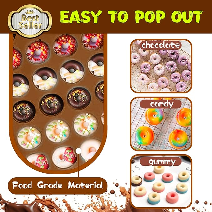 Donut Silicone Chocolate Molds, Mini Donut Pan Mold Gummy Candy Mold for Caramels Chocolate Ice Cube Jelly Truffles Pralines Ganache - 4 Pack