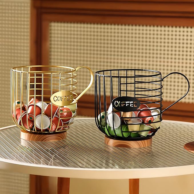 Coffee Pod Holder,Bar Accessories - Espresso Pod Holder - Large Capacity Black Wire Coffee Basket With Wooden Base