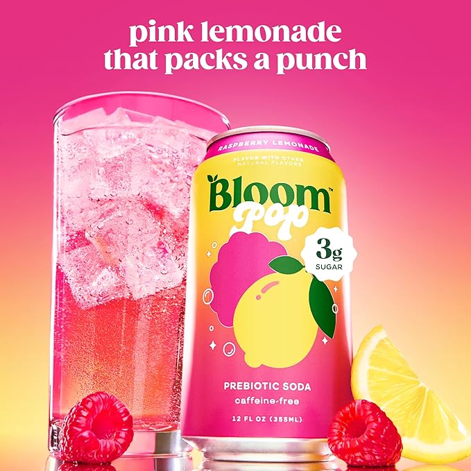 Bloom Pop Prebiotic Soda 12 Pack, Raspberry Lemonade Flavor, 12oz Cans | Prebiotic Soda for Gut Health, Low Calorie Soda, No Caffeine, Healthy Soft Drink Alternative
