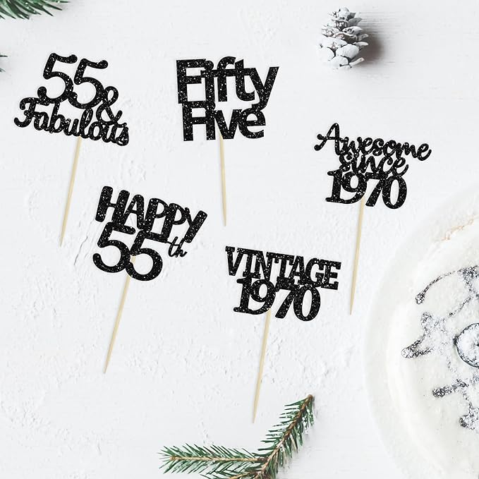 Gyufise 30 Pack Black Glitter Vintage 1970 Cupcake Toppers Glitter 55 Fabulous Happy 55 Cheers to 55 Years Birthday Cupcake Picks 55th Birthday Anniversary Cake Decorations Supplies