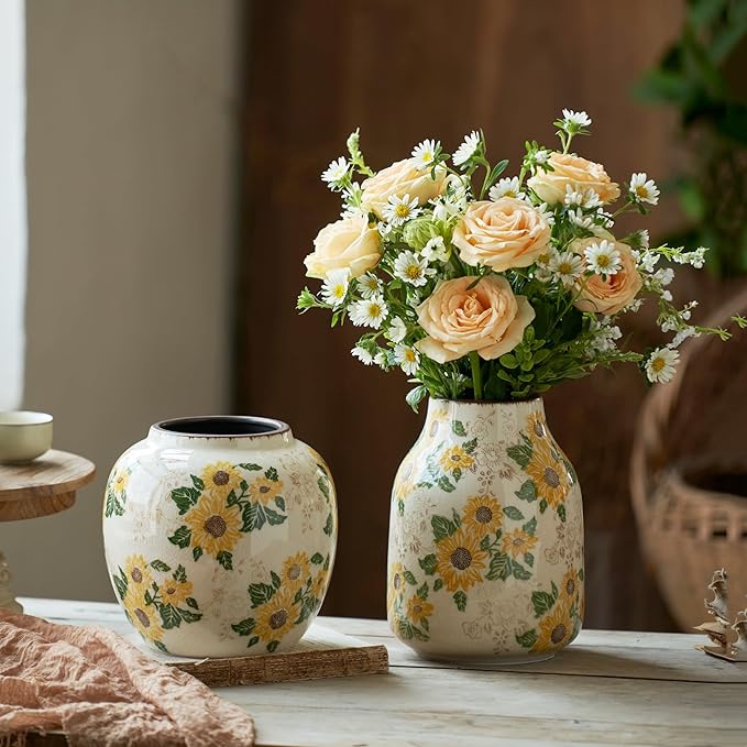 Vintage Ceramic Vase, 7.7 Inch Chinoiserie Sunflower Floral Vases, Rustic Farmhouse Antique Flower Vases for Home Decor Modern Aesthetic Tuscan Decorations (Conical)