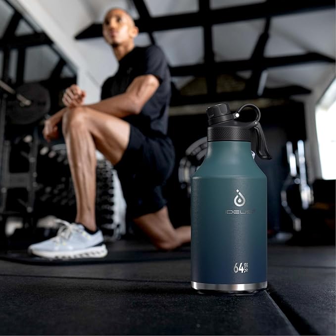 IDEUS Insulated Stainless Steel Water Bottle with 2 Leak-Proof Lids, Thermal Water Flask for Hiking Biking, 64oz, Navy Blue