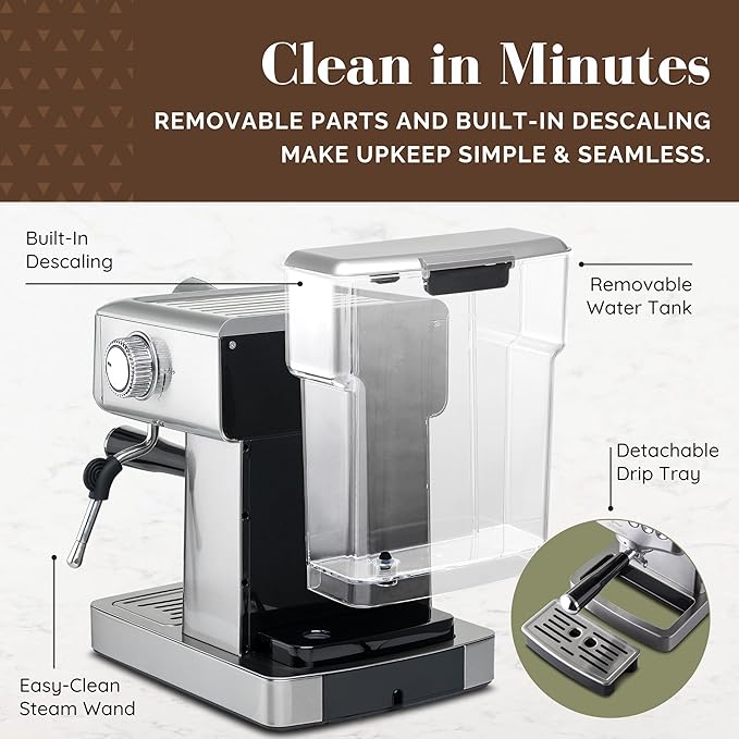 Espresso Machine 20 Bar with Steam Milk Frother | Stainless Steel Espresso Maker with Customizable Brewing Temperature | 60oz Removable Water Tank | Perfect for Cappuccinos, Lattes and More