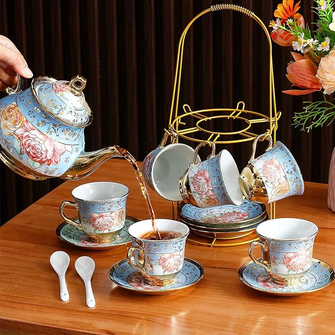 Zhehao 20 Pcs Porcelain Tea Set with Metal Holder and Spoon Adult Ceramic Tea Party Set European Flower Painting Teapot Cup Saucer Spoon Set for Women, Large Version(Simple Style)