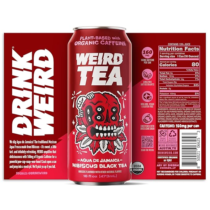 Drink Weird Organic Agua de Jamaica Hibiscus Black Tea – 16oz Cans, 160mg Organic Caffeine, Pack of 12 – Bold & Refreshing Energy Drink Alternative