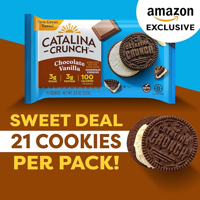 Catalina Crunch Protein Cookies, 4g Protein per Serving - Low-Sugar Sandwich Cookies - Gluten Free, Vegan - Keto Dessert Snacks - Chocolate Vanilla, 8.9 oz. (21 Count)