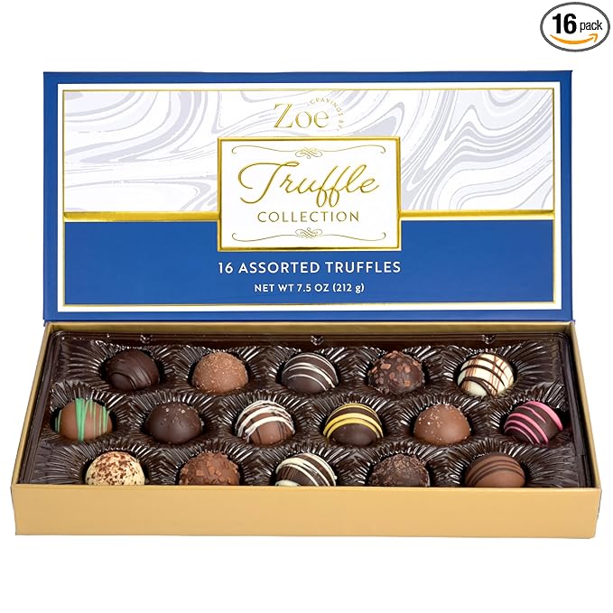 CRAVINGS BY ZOE Gourmet Chocolate Truffle Gift Box | 16 Count | Assorted Gourmet Milk & Dark Chocolate Candy Food Gift Basket Anniversary, Birthday, Get Well, Holiday, Thank You Men Women Mom Her