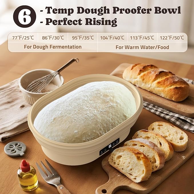 Heating Complete Sourdough Starter Kit, 4L Electric Thermostatic Silicone Oval Foldable Banneton Bread Proofing Basket with 6 Timer & Temp Settings for Dough Rising, Dishwasher Safe, Bread Making Kit