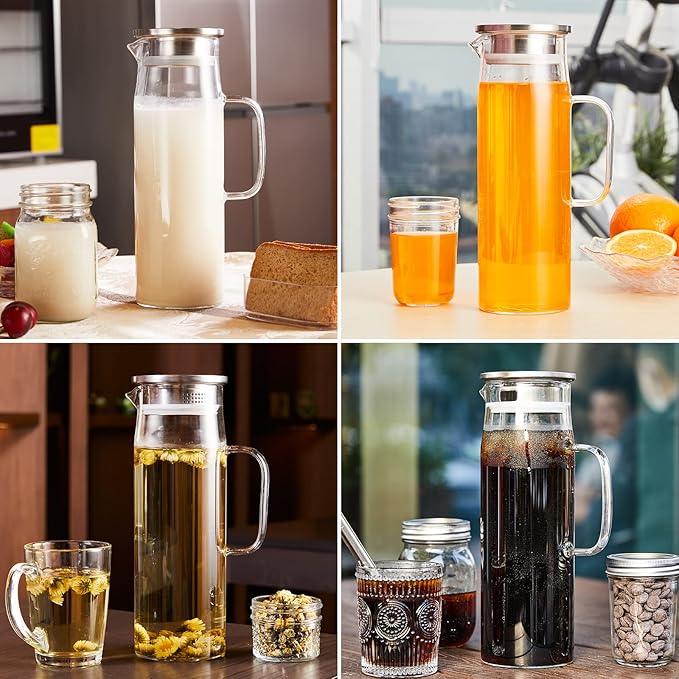 Yirilan Glass Pitcher, 1.5liter Glass Pitcher With Lid, Carafes and Pitchers, Iced Tea Pitcher, Water Carafe With Handle, Heat Resistant Borosilicate Glass Jug, Beverage Pitcher, Tea Jug With Brush
