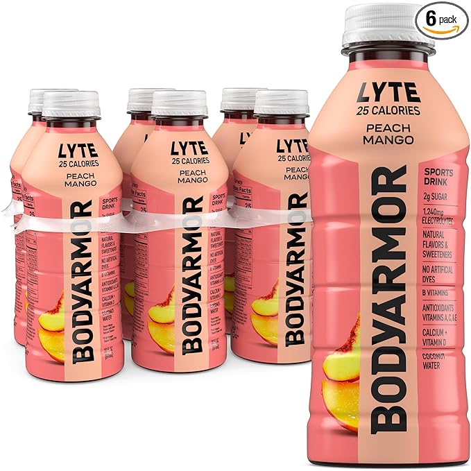 BODYARMOR LYTE Sports Drink Low-Calorie Sports Beverage, Peach Mango, Coconut Water Hydration, Natural Flavors With Vitamins, Potassium-Packed Electrolytes, Perfect For Athletes, 20Fl Oz (Pack of 6)