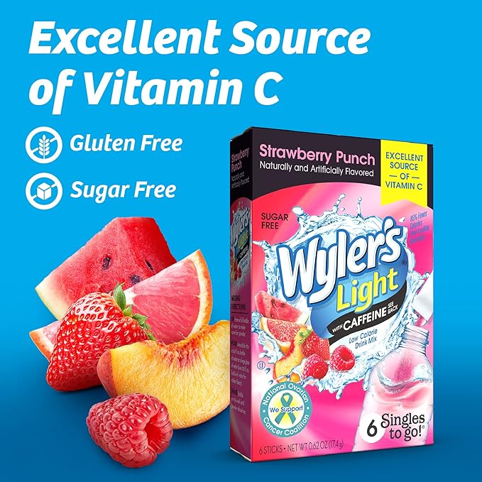 Wyler's Light Singles to Go Caffeinated Drink Mix - Strawberry Punch Powder Sticks (12 Boxes with 6 Packets Each - 72 Total Servings)