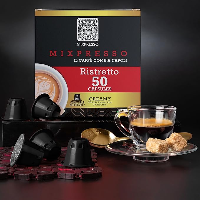 Mixpresso Coffee Ristretto Espresso Capsules Compatible With Nespresso Original Brewers, Single Cup Coffee Pods 100% from Italy Dark Roast 80% Arabica Espresso, 50 Count Coffee Capsule Intensity 12/12