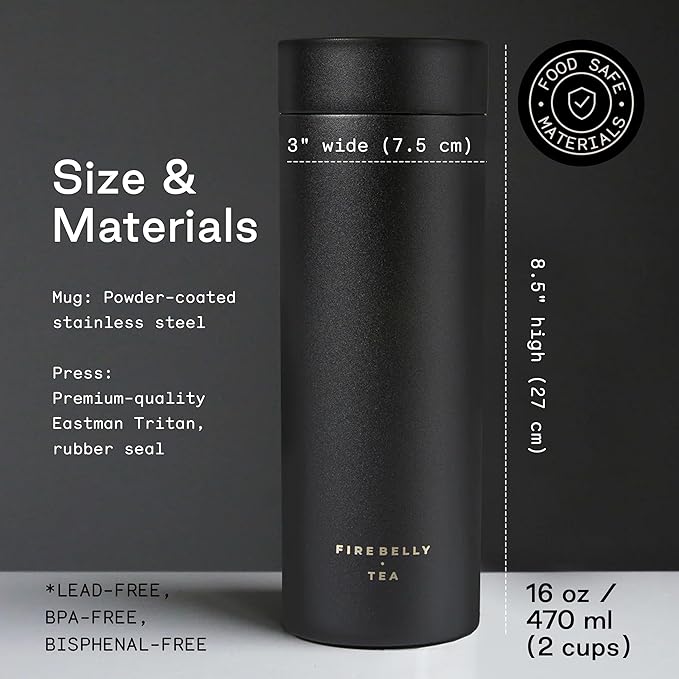 Firebelly Tea, Travel Tea Infuser Mug with Strainer, Insulated Tumbler for Loose Leaf Tea or Coffee, Leakproof Bottle for Hot or Iced Drinks, Stainless Steel Thermos with Lid, Noir