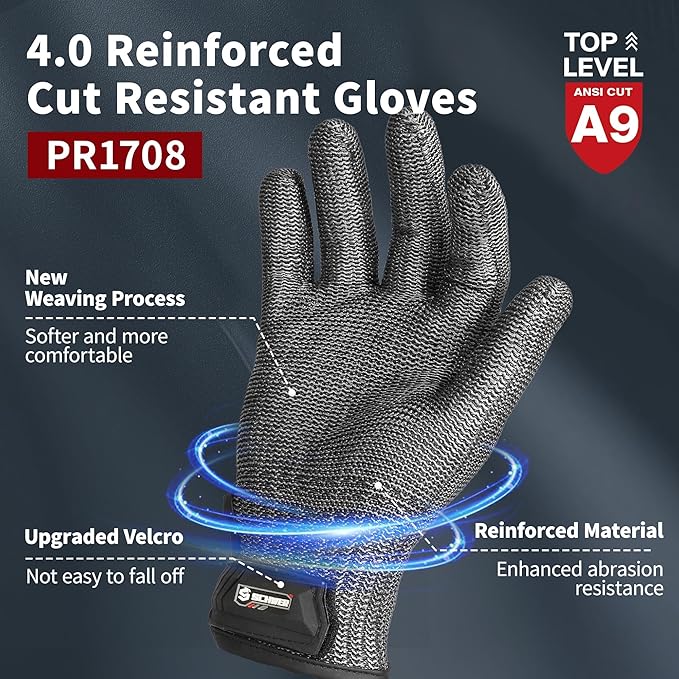 Schwer Ultimate Cut Resistant Gloves Beyond ANSI A9, Reinforced Stainless Steel Glove, Food Grade Mesh Metal Gloves for Butcher Meat Cutting, Oyster Shucking, Mandoline, Non-PFAS, PR1708 (L, 2 PCS)