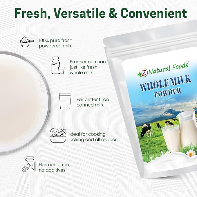 Z Natural Foods Premium Whole Milk Powder - Powdered Milk for Baking, Cooking, Drinks - Dry Milk Powder, Pasteurized, Non-GMO, Gluten-Free, Kosher-Certified, 55 lbs