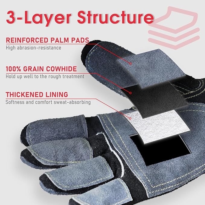 YESWELDER Leather Work Gloves for Men or Women，Suitable for welding & gardening etc. Cowhide leather with cotton lining, wrist closure, grippy and durable.Reinforced palm and finger,Black-gray L