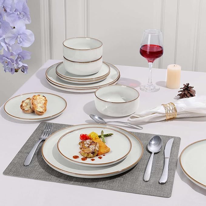 Herogo Ceramic 7.9 Inch Porcelain Dessert Plates Set of 6, Small Stoneware Dinner Plate Set, Double Reactive Glaze Large Dinnerware Plates for Kitchen, Microwave, Oven & Dishwasher Safe, Ivory White