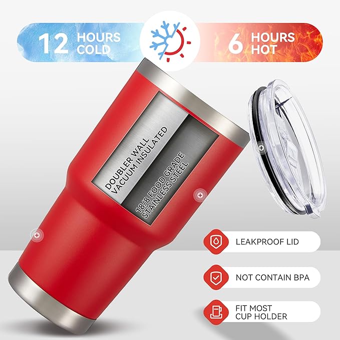 30 oz Tumbler with Lid Stainless Steel Tumblers Bulk Vacuum Insulated Cup Reusable Powder Coated Travel Mug Double Wall Leak Proof Cups Keep Cold Drinks for 12 Hours Wine Red, Set of 8