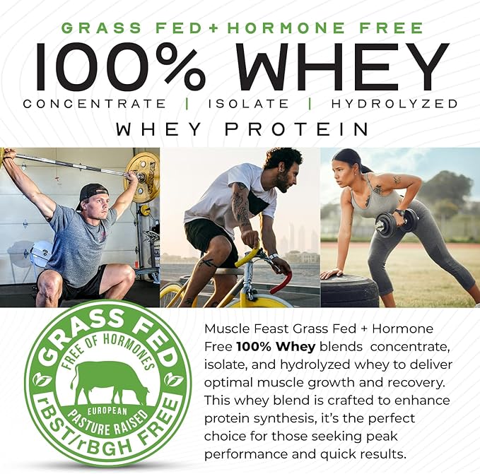 Muscle Feast 100% Grass Fed Whey Protein Powder, All Natural Hormone Free Paure Raised Whey Protein Powder for Women & Men- Whey Concentrate, Isolate & Hydrolyzed Protein Powder Blend - Chocolate, 5lb