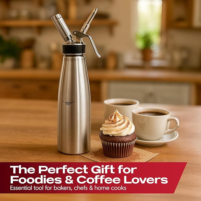 Chef Master (2 Pint / 1 Liter) Stainless Steel Whipped Cream Dispenser - Decorating Tips for Desserts, Latte + Cleaning Brush - Whip Cream Dispenser Canister for Home, Bakery or Restaurant - 90079
