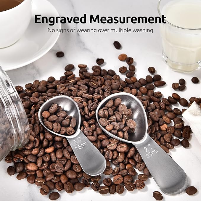 Coffee Scoop: U-Taste 18/8 Stainless Steel Measuring Coffee Scoop 1 tablespoon & 2 tablespoon, Short Handled Measure Scooper for Ground Coffee, Bean in Canister (Silver, 1Tbsp&2Tbsp / 15ml&30ml)