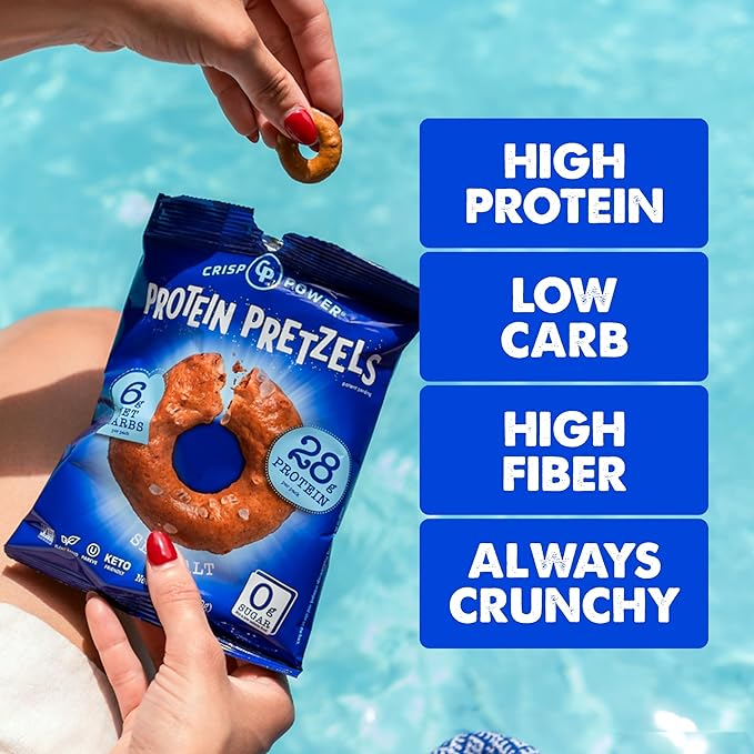 Crisp Power Protein Pretzels, Sea Salt, High Protein Vegan Keto Snack, 28 G Plant Based Protein, Low Carb Crunchy Pretzel Snacks, No Added Sugar, No Seed Oils, 1.75 oz Bags, 24 Pack