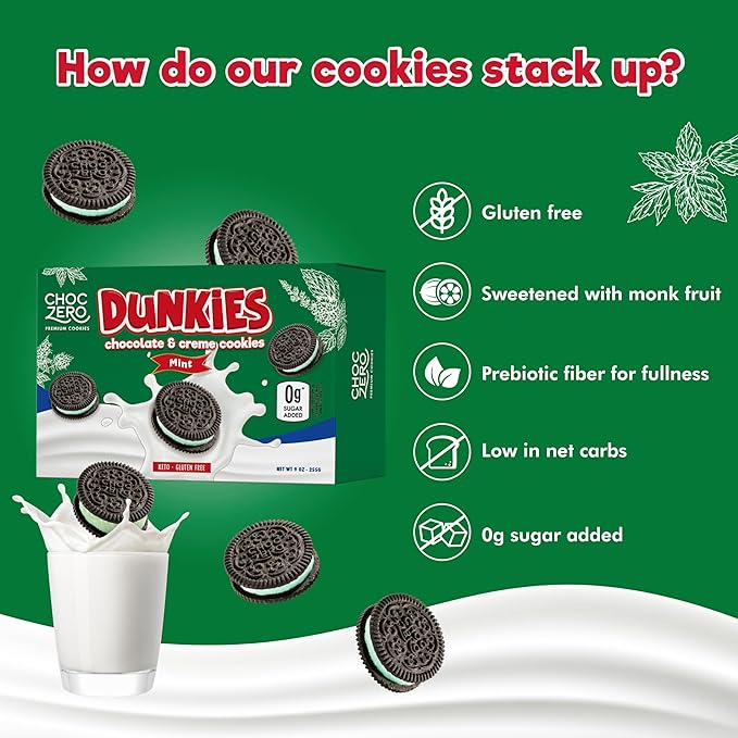 ChocZero Mint Dunkies – Mint Creme Chocolate Sandwich Cookies, Sugar Free, Keto Friendly, Low Net Carb, High Fiber, Gluten Free – 9oz Box