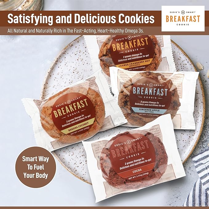 Susie’s Smart Breakfast Cookie, Mixed Box of 12 Breakfast Cookies (3) Orange Cranberry Nut (3) Gingered Apple (3) Banana Coconut (3) Cocoa Omega-3 and Protein-Rich, Soft Chewy Whole Grain Snack, Healthy On-the-Go Breakfast or Anytime Treat 3.5 oz Each.