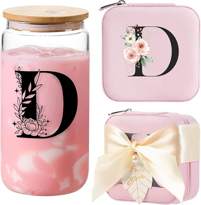 AYGXU Jewelry Box & Glass Set, Pink, Personalized Initial, Small Travel Case, Graduation Gift for Girls