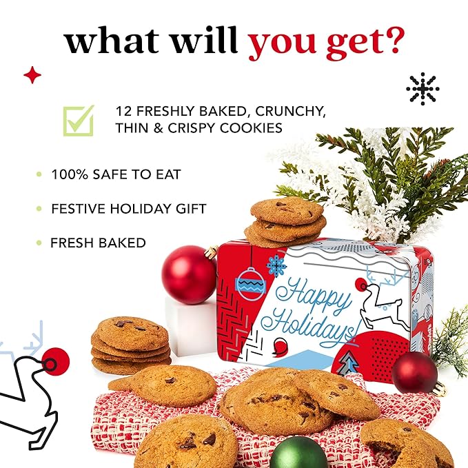 David's Cookies Happy Holidays Thin and Crispy Cookies Tin – Gourmet Crunchy Cookies in Festive Sweet Sampler – Holiday Dessert Gift for Friends Family, Christmas Treats and Seasonal Celebrations