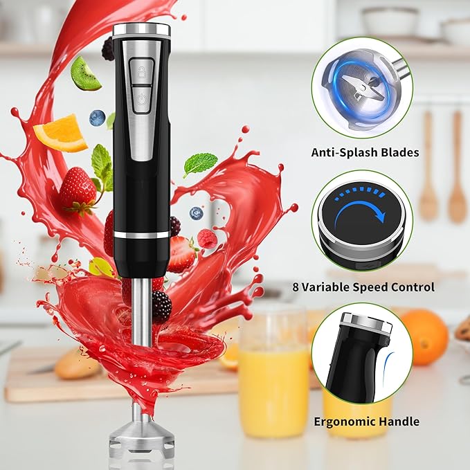 Cordless Immersion Blender Handheld: 4-in-1 Cordless Hand Blender with 500ml Chopper, 600ml Beaker, Egg Whisk, 8 Speeds Hand Stick with USB Rechargeable for Smoothies, Baby Food, Soup (Black)