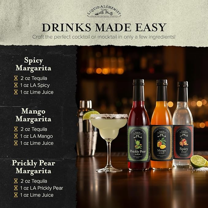 Liquid Alchemist Margarita Mix Trio Pack – Prickly Pear, Mango & Spicy Syrup | Our Small Batch Margarita Mixers Use Real Ingredients Perfect for any Cocktail Syrup Enthusiast (3 Pack, 12.7 oz Bottles)