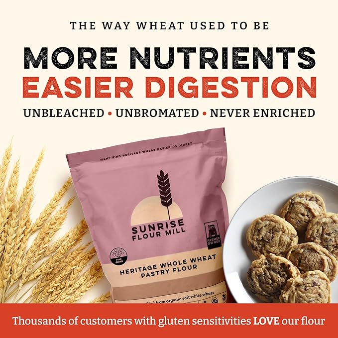 Sunrise Flour Mill USDA Organic Heritage Whole Wheat Pastry Flour - 2 lbs | Great for Gluten Sensitive People | Easier to Digest with Less Bloating | No Bleaching or Bromating | Zero Additives