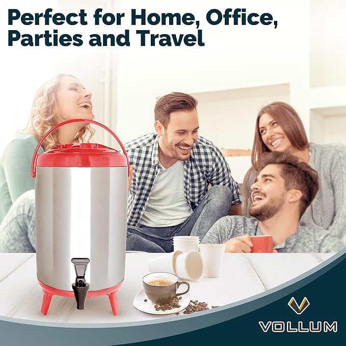 Stainless Steel Insulated Beverage Dispenser – Insulated Thermal Hot and Cold Coffee Carafe – 10 Liter Drink Dispenser with Spigot for Hot Water, Tea & Coffee, Cold Milk, Juice & More RED