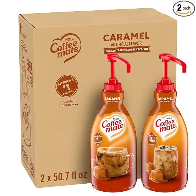 Nestle Coffee mate Coffee Creamer, Caramel, Liquid Concentrate Pump Bottle, Non Dairy, No Refrigeration, 50.7 fl oz (Pack of 2)