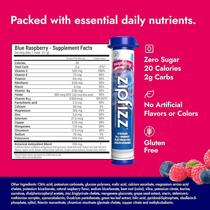 Zipfizz Daily Energy Drink Powder, Blue Raspberry, 20 Pack | 3-in-1 Sustained Energy, Rapid Hydration, and Essential Vitamins | Sugar-Free | Electrolyte Powder | Contains Vitamin B-12 & Antioxidants