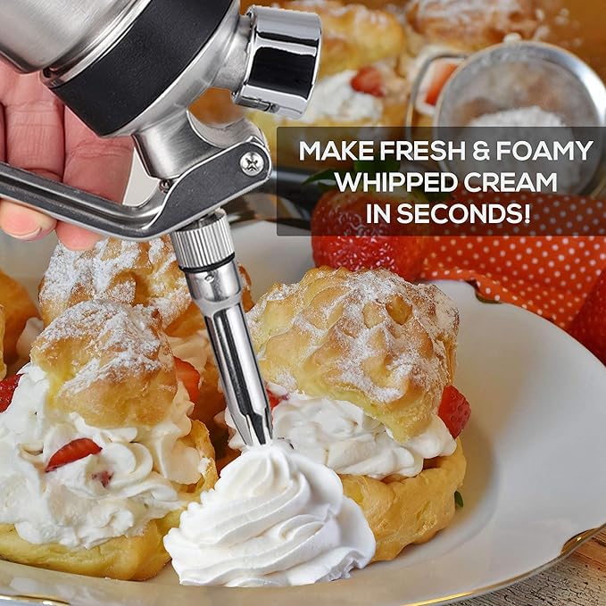 OCTANDRA 304 Stainless Steel Whipped Cream Dispenser 500mL/1 Pint Whip Cream Canister Maker Commercial Grade Whipping Siphon Cream Whipper with 3 Decorating Tips, 4 Injector Tips & Charger Holder