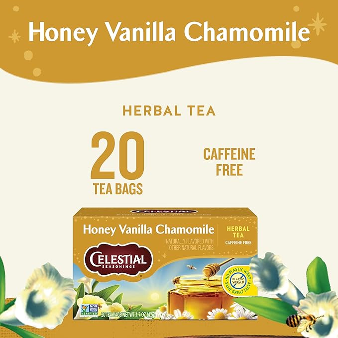 Celestial Seasonings Chamomile Tea Bags - Honey Vanilla Herbal Tea, Caffeine Free, 20 Bags Per Box (Pack of 6)